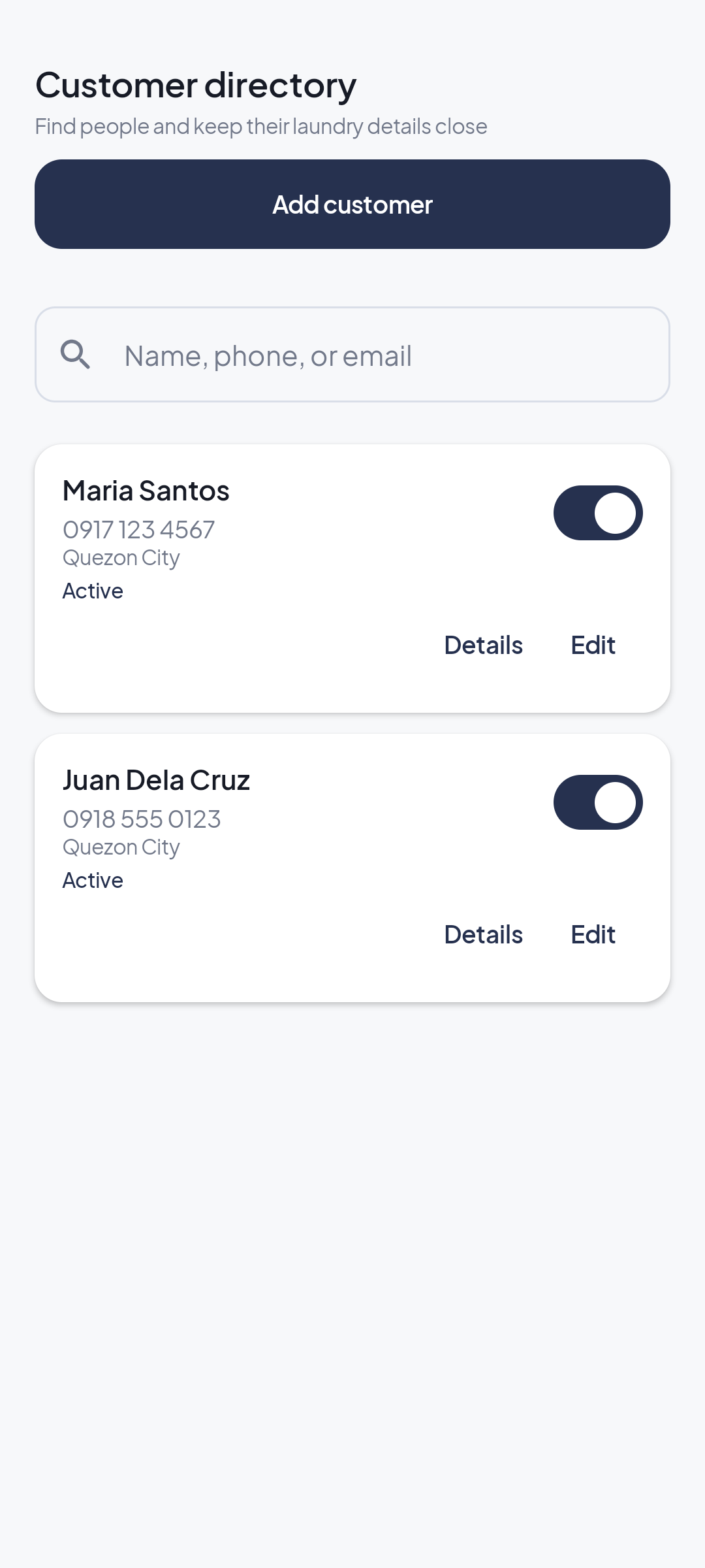 AQUAWASH customer directory preview with sample names and phone numbers