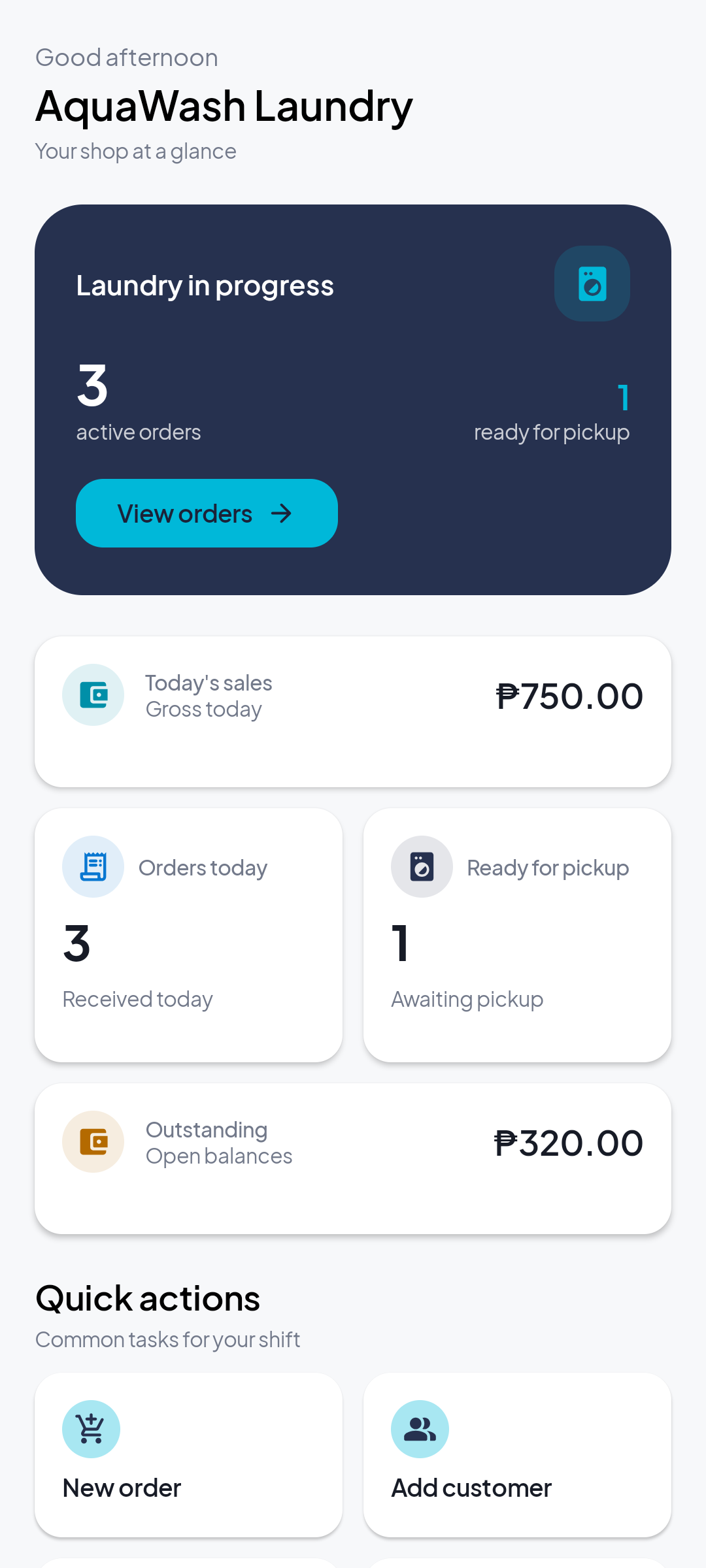 AQUAWASH dashboard app preview showing sample laundry shop activity