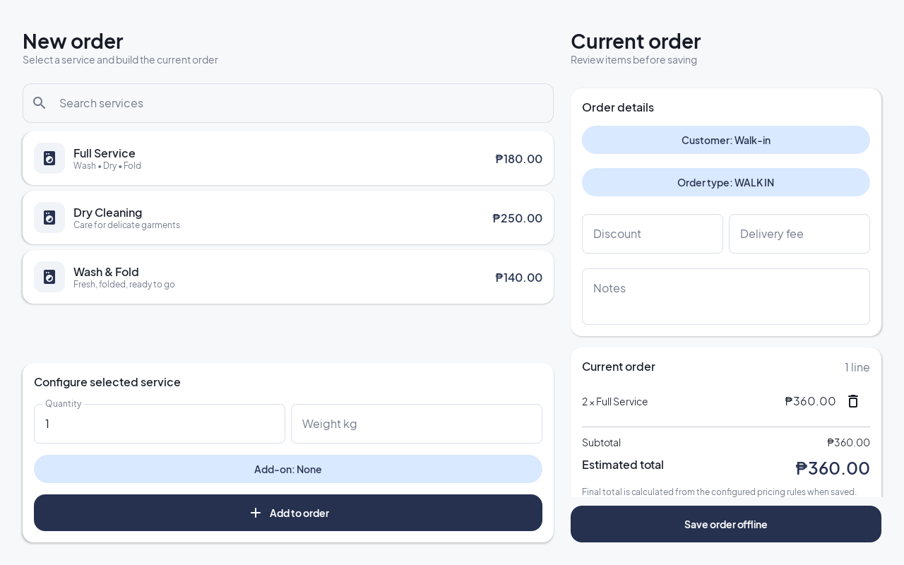 AQUAWASH Android tablet screenshot of the New order screen with services on the left and current order details on the right