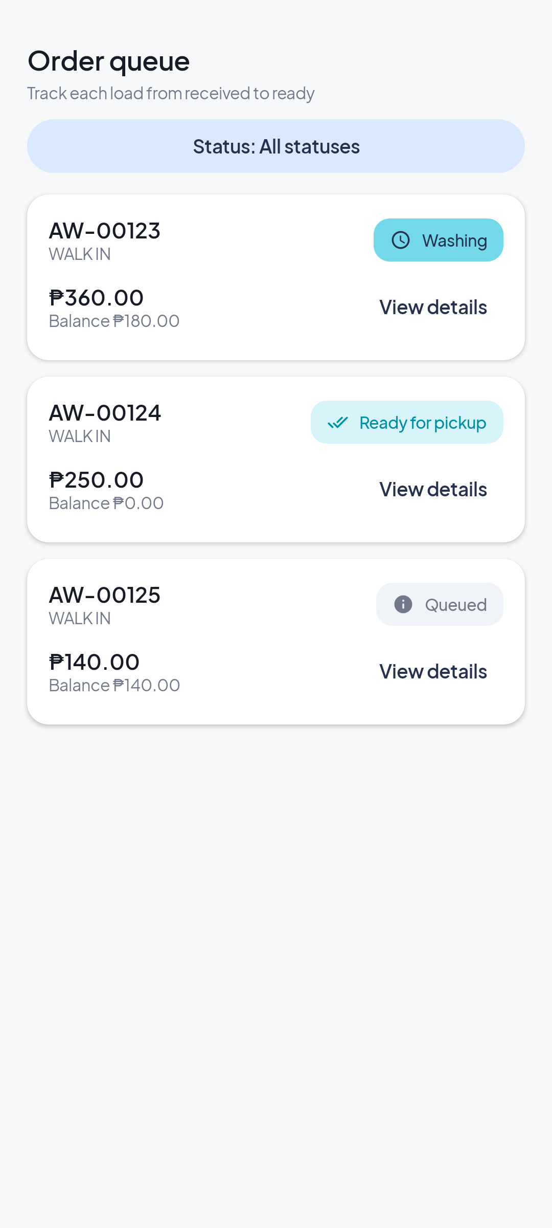 AQUAWASH order queue screen preview with order statuses and balances